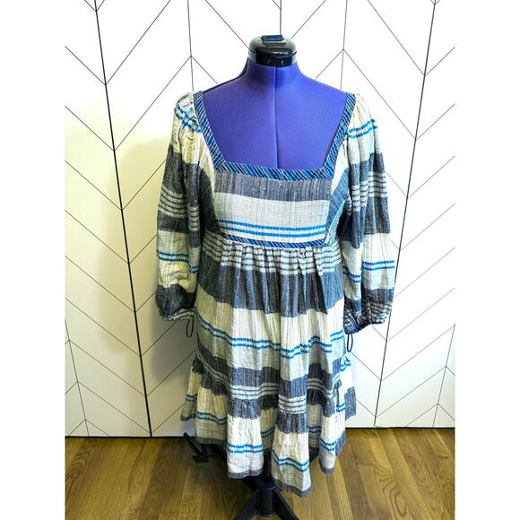 Free People Womens Large Blue Indigo All Lined Up Mini Dress Striped Cottage New - Picture 1 of 10